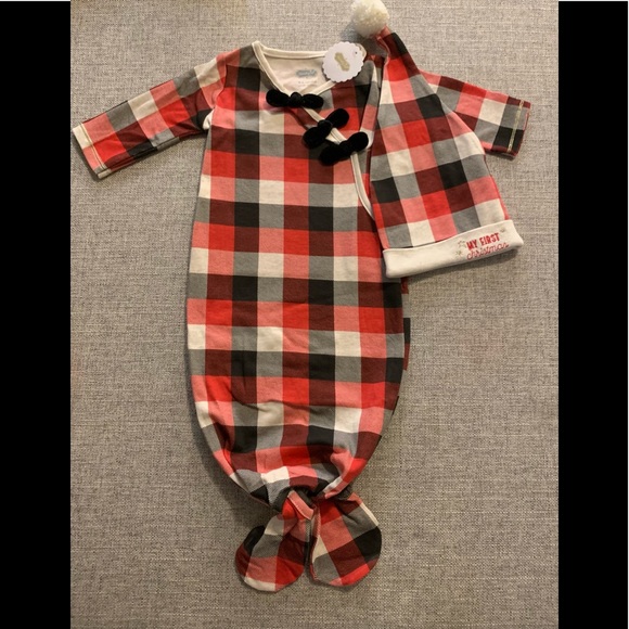 NWT 2pc Mud Pie Buffalo Plaid Gown & Hat Set - Picture 2 of 6